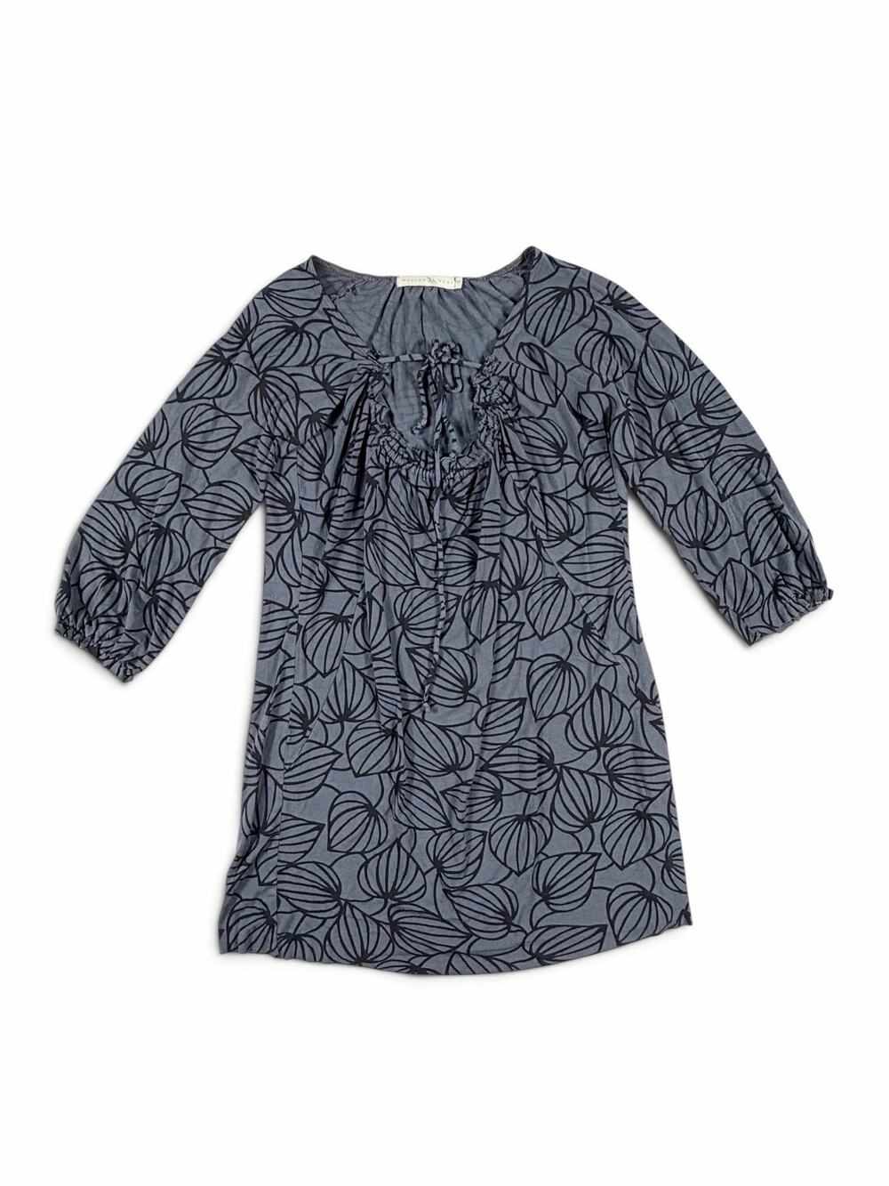 Weston Wear Leaf Print Ruffle Tie Neck Mini Dress Gray Black XS